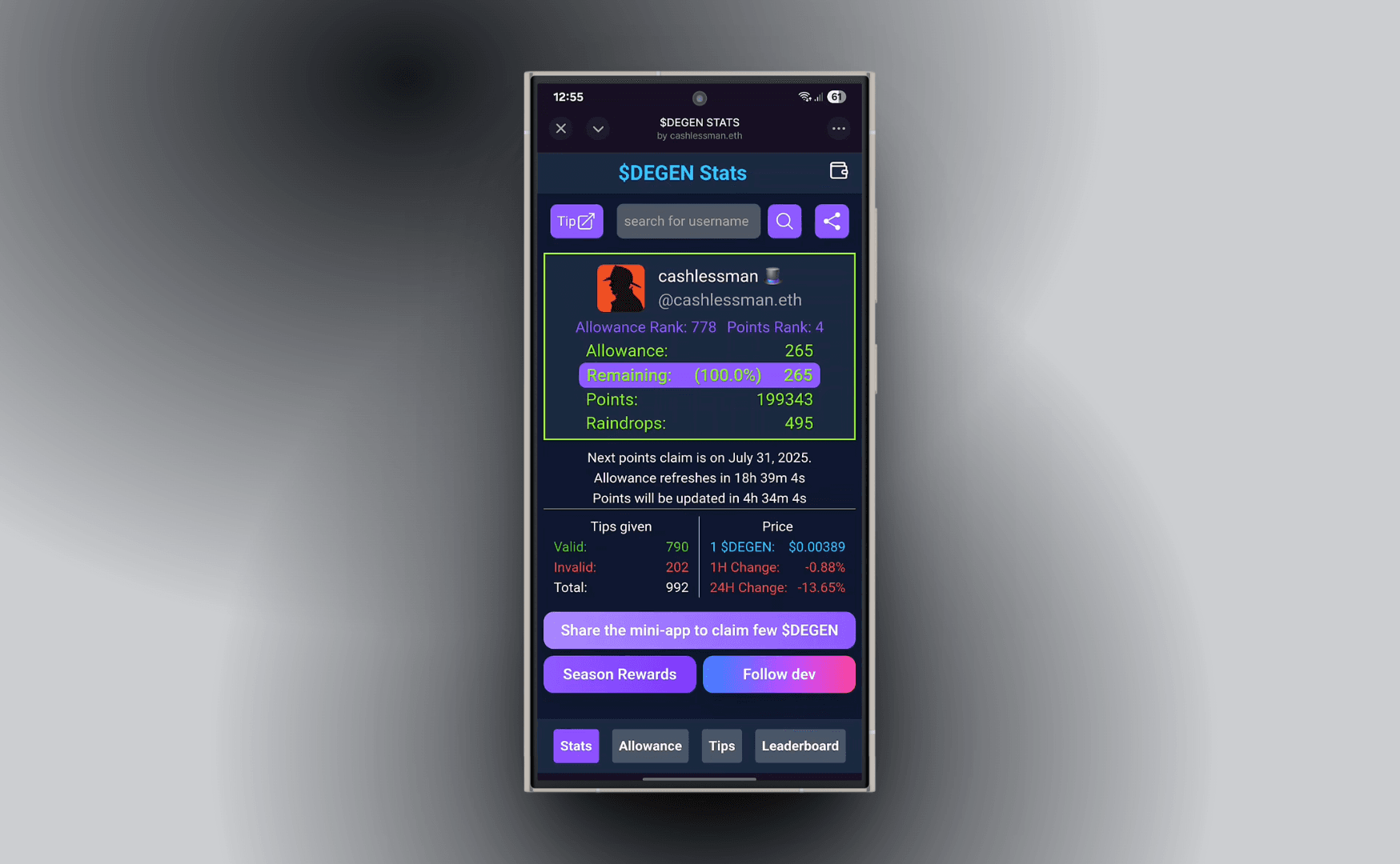 DEGEN Stats screen 1